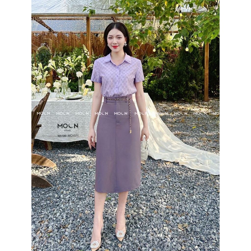 Áo sơ mi ngắn tay chân váy công sở 𝐌𝐎𝐎𝐍 áo sơ mi cổ đức chất boi họa tiết mix chân váy kaki lụa hàn MA189-MCV371