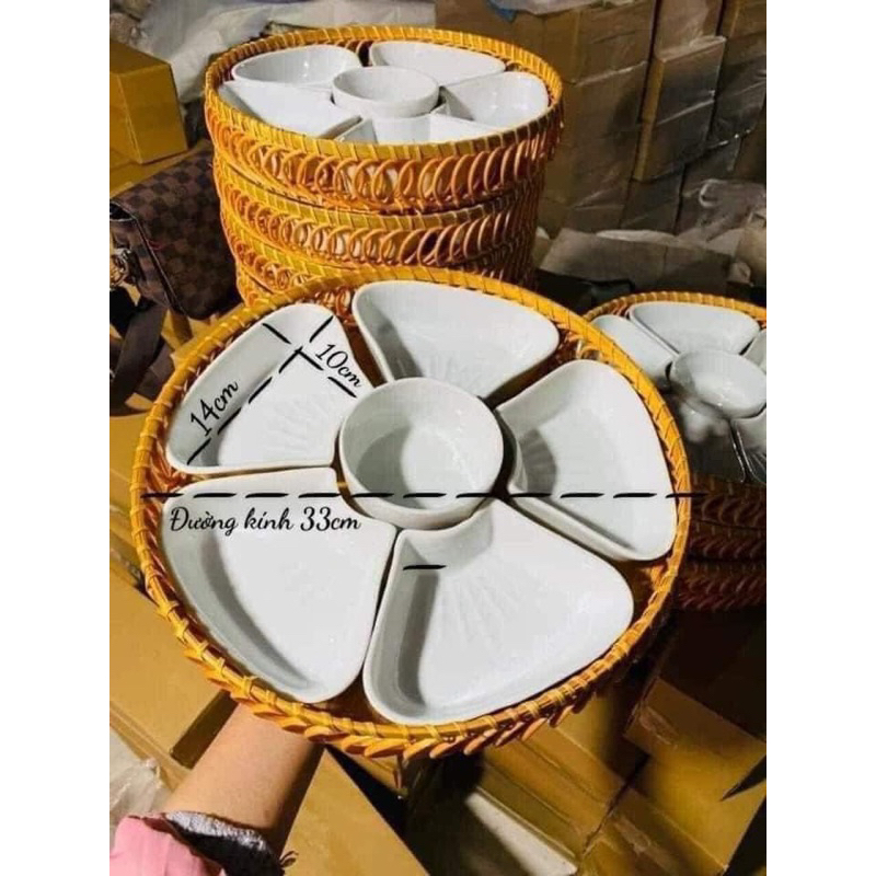 Bộ Đĩa 5 Cánh Hoa Đào Sứ Bát Tràng Kèm Khay Mây Siêu Đẹp,Bộ Bát Bánh Trôi