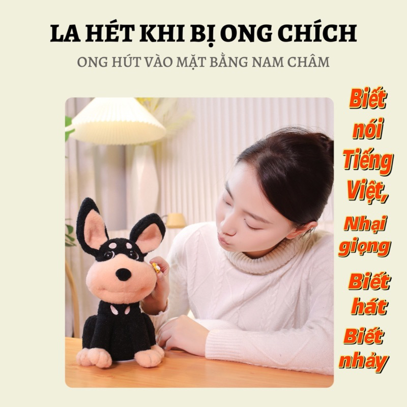 Chó Sợ Ong có thể sủa hát nhại giọng và lắc đầu xoay 360 độ. Chó bông 2 chế độ Sạc điện và Dùng Pin. Quà tặng dễ thương