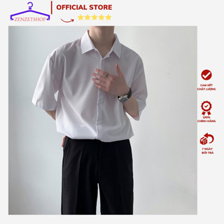 Áo sơ mi trắng ngắn tay unisex giấu cúc form rộng đi học Hàn Quốc-sơ mi tay lỡ công sở lụa đẹp nam nữ  ZENZETSHOP ASM3