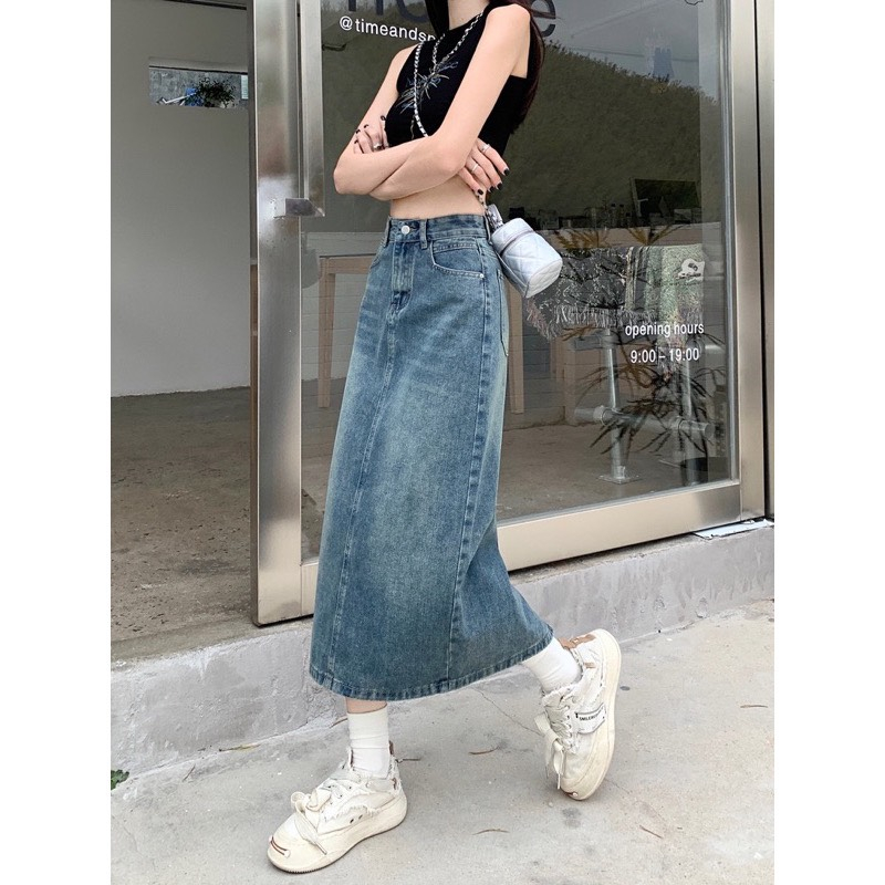 Chân váy jeans xanh dáng dài chữ A xẻ tà phía sau myra Chanvayjeanxesau-P11K1