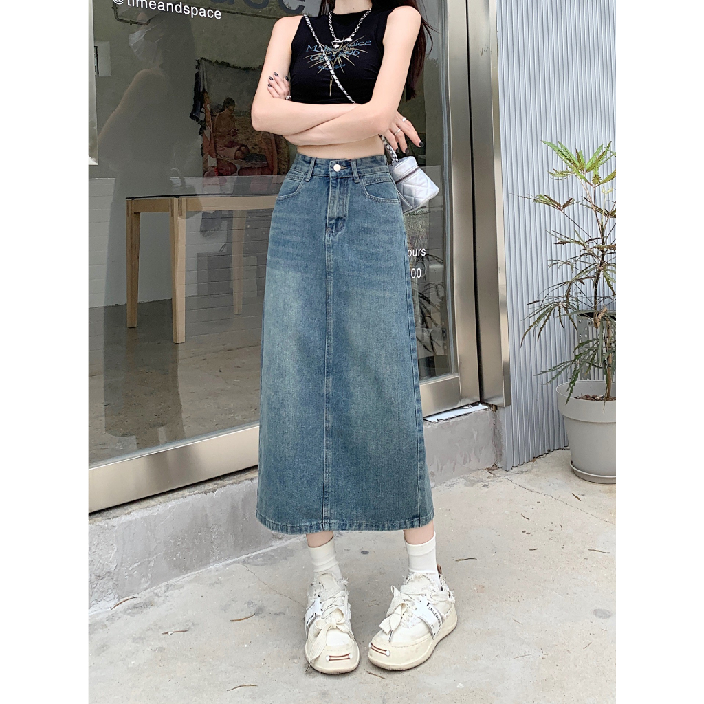 Chân váy jeans xanh dáng dài chữ A xẻ tà phía sau myra Chanvayjeanxesau-P11K1