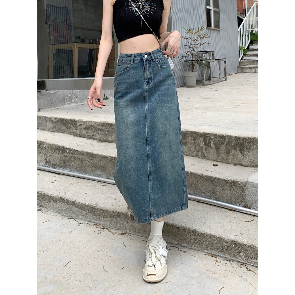 Chân váy jeans xanh dáng dài chữ A xẻ tà phía sau myra Chanvayjeanxesau-P11K1