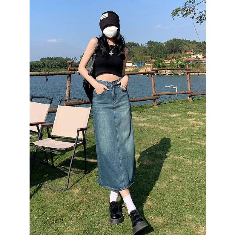 Chân váy jeans xanh dáng dài chữ A xẻ tà phía sau myra Chanvayjeanxesau-P11K1