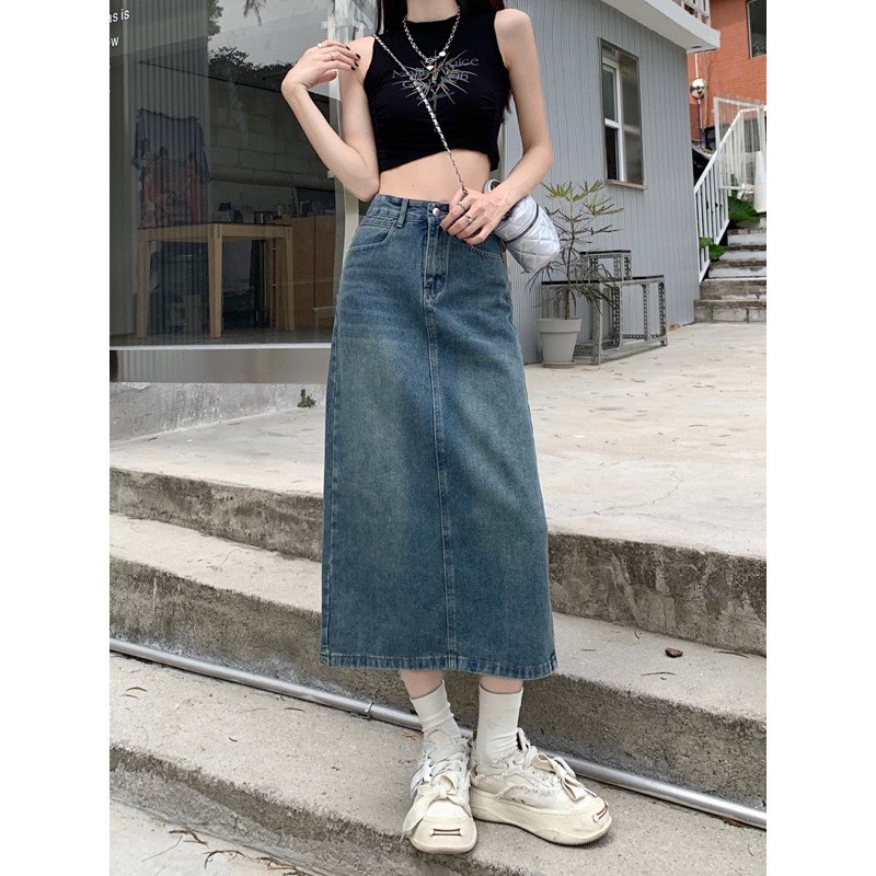 Chân váy jeans xanh dáng dài chữ A xẻ tà phía sau myra Chanvayjeanxesau-P11K1