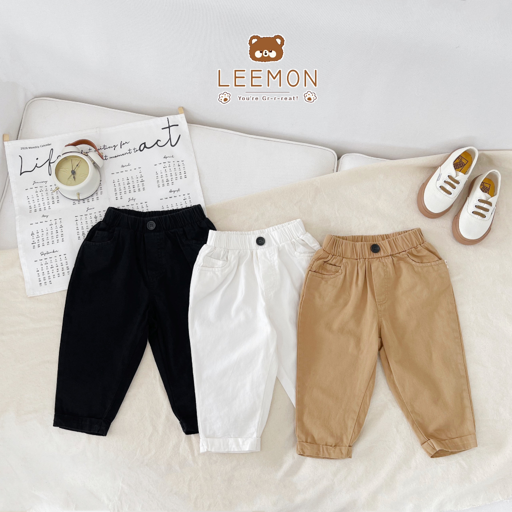 Quần kaki dài Leemon gập gấp, phối túi trước, chất siêu mềm cho bé trai bé gái 8-25kg