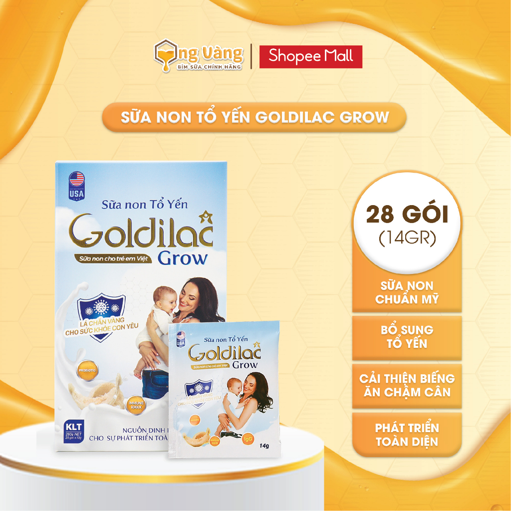 Sữa Non Tổ Yến Goldilac Grow hộp 392 gr 28 gói- Giúp Trẻ Tăng Cân & Đề Kháng Khoẻ