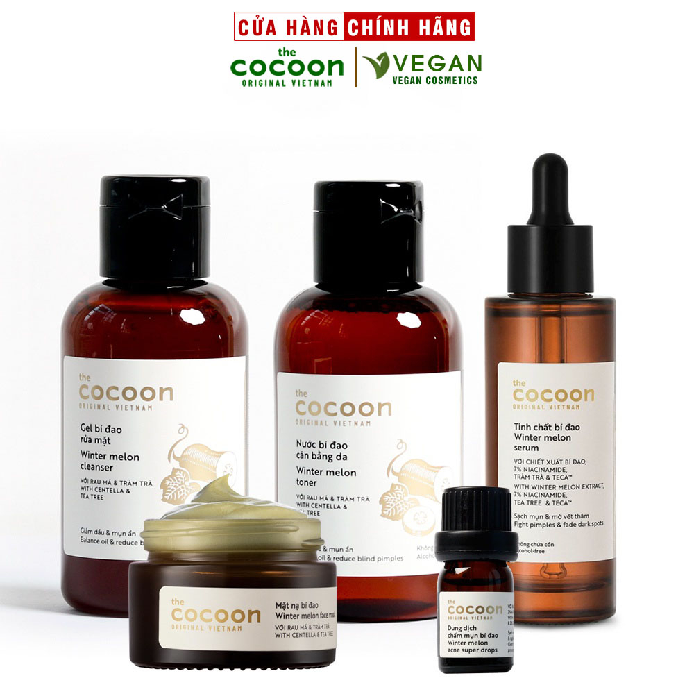 Bộ 5 chăm sóc da mụn chuyên sâu: Gel + Toner + Serum + Mặt nạ + Chấm mụn bí đao cocoon