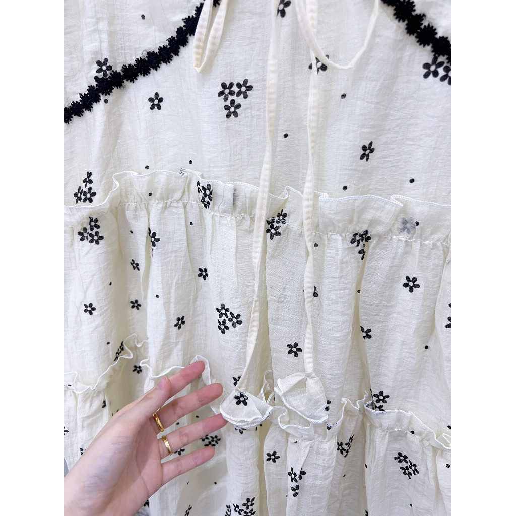 VÁY BABYDOLL HOA NHÍ VIỀN REN doubleh.clo - Đầm suông tơ đũi nhăn 2 lớp cổ V bèo tầng buộc nơ phối viền đen ulzzang QC