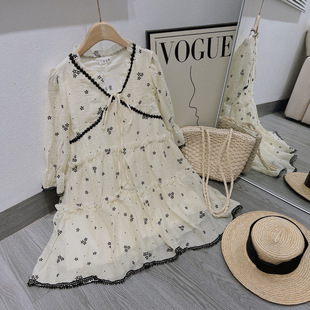 VÁY BABYDOLL HOA NHÍ VIỀN REN doubleh.clo - Đầm suông tơ đũi nhăn 2 lớp cổ V bèo tầng buộc nơ phối viền đen ulzzang QC