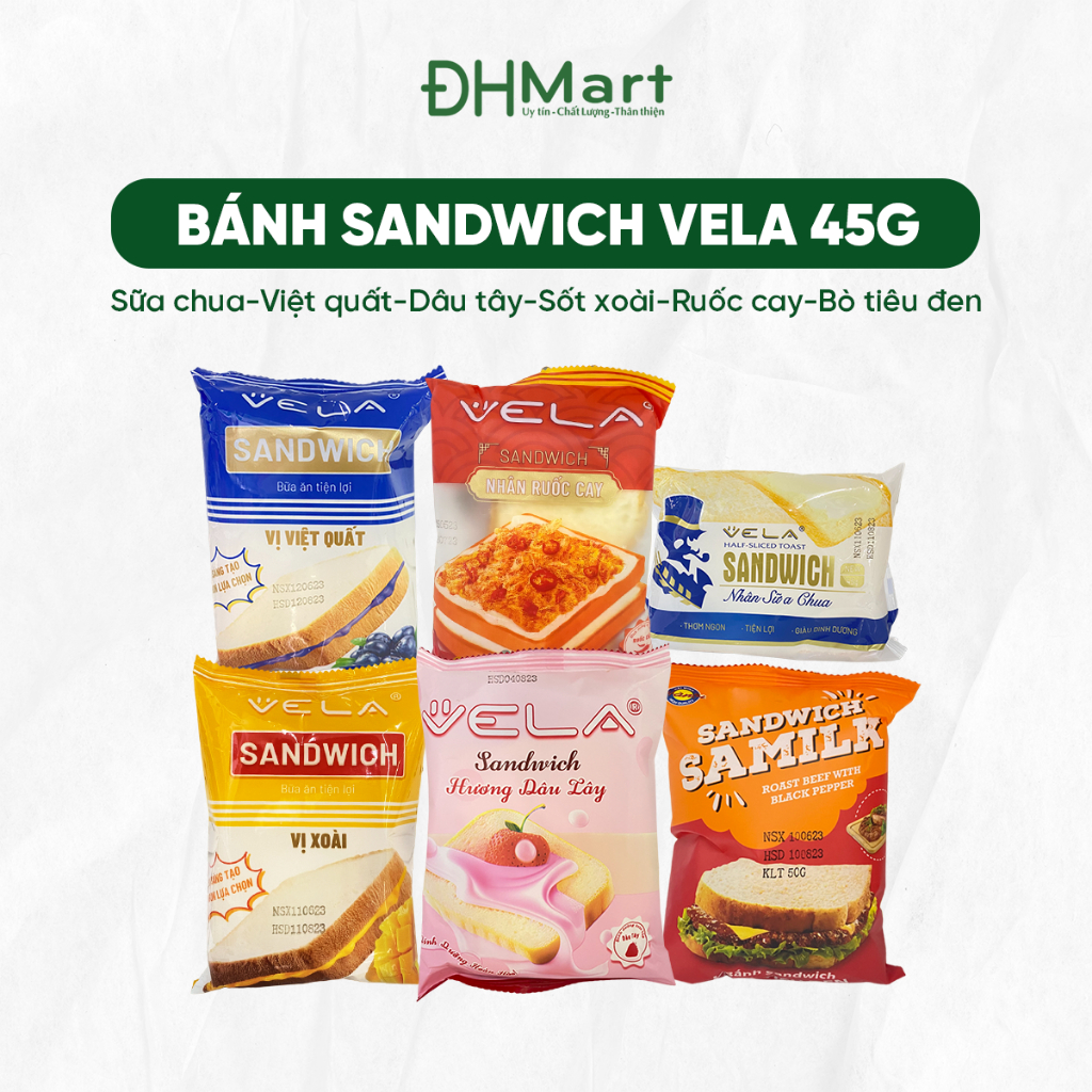 Bánh Sandwich Vela 45g đủ vị Sữa chua tươi, Việt quất, Dâu tây, Sốt xoài, Chà bông gà, Bò tiêu đen