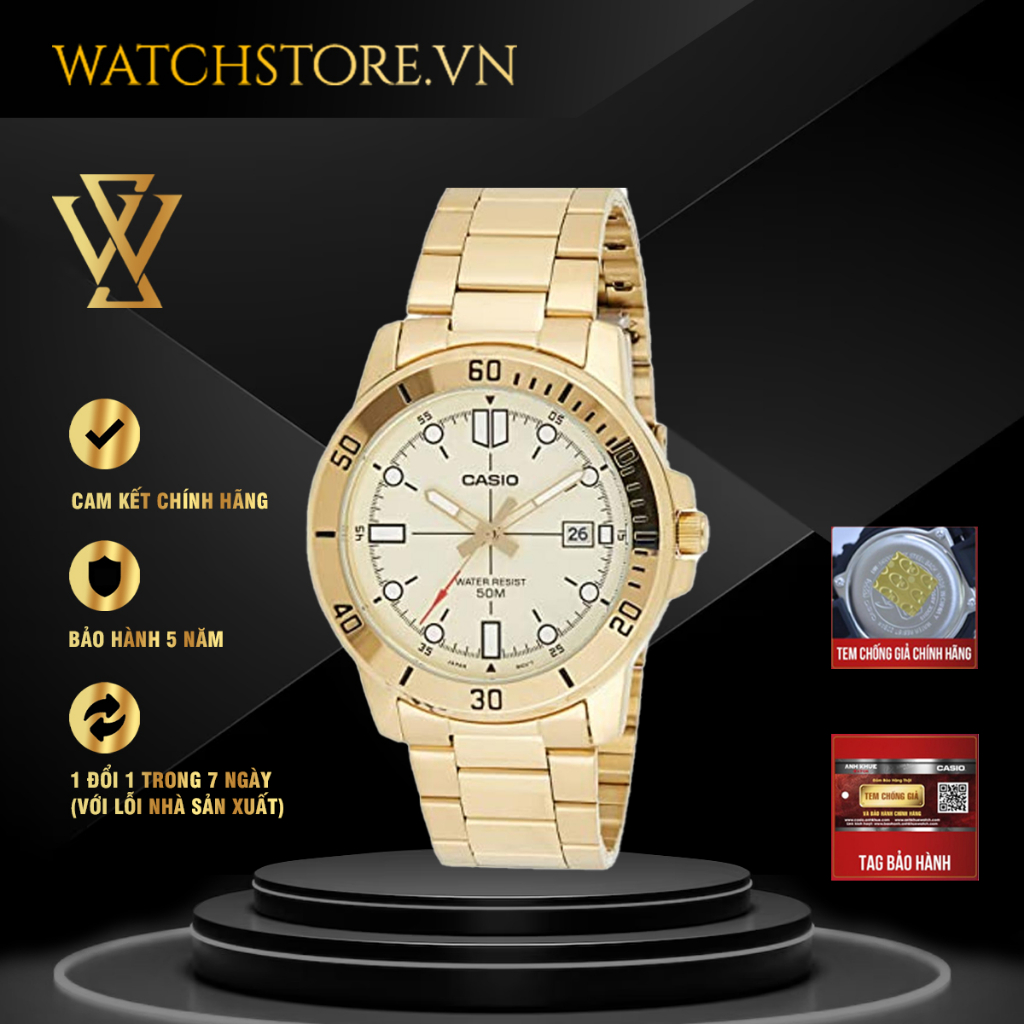 Đồng Hồ Quartz Nam Casio WATCHSTORE MTP-VD01G-9EVUDF Thiết Kế Kính Khoáng 45mm, Dây Đeo Da Và Vỏ Thép Không Gỉ