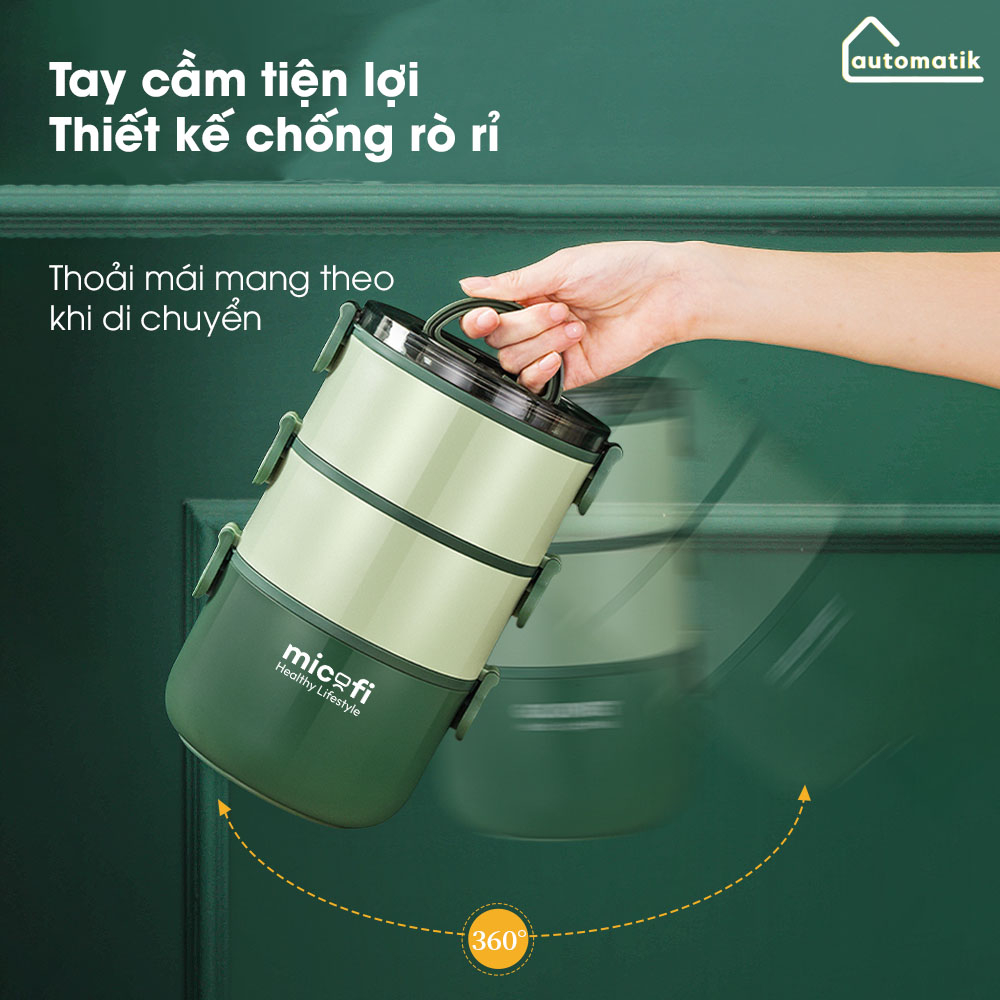 Hộp Đựng Cơm Giữ Nhiệt Automatik Văn Phòng Túi Đựng Đồ Ăn, Cặp Lồng Inox Cà Mên 3 Ngăn 2.2L Kèm Thìa