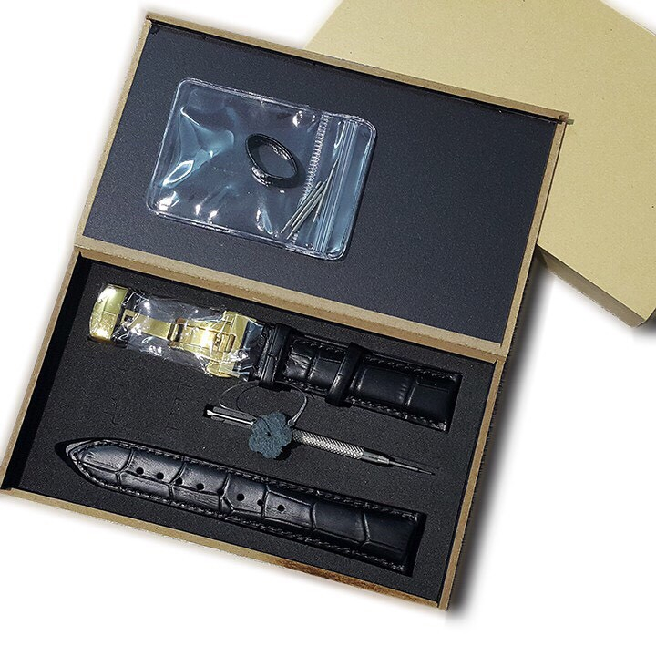 Dây da bò da cá sấu khóa bướm thép ko gỉ thay thế cho đồng hồ Olym Pianus + full hộp, cụng cụ