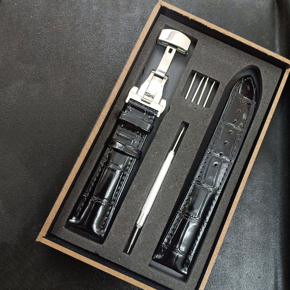 Dây da bò da cá sấu khóa bướm thép ko gỉ thay thế cho đồng hồ Olym Pianus + full hộp, cụng cụ