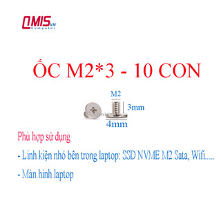 M2*3 (Mũ 4mm) Ốc vít laptop kim loại mạ Niken màu trắng dùng cho màn hình, wifi, SSD M2, Msata, NVME M2x3 (Gói 10 ốc)