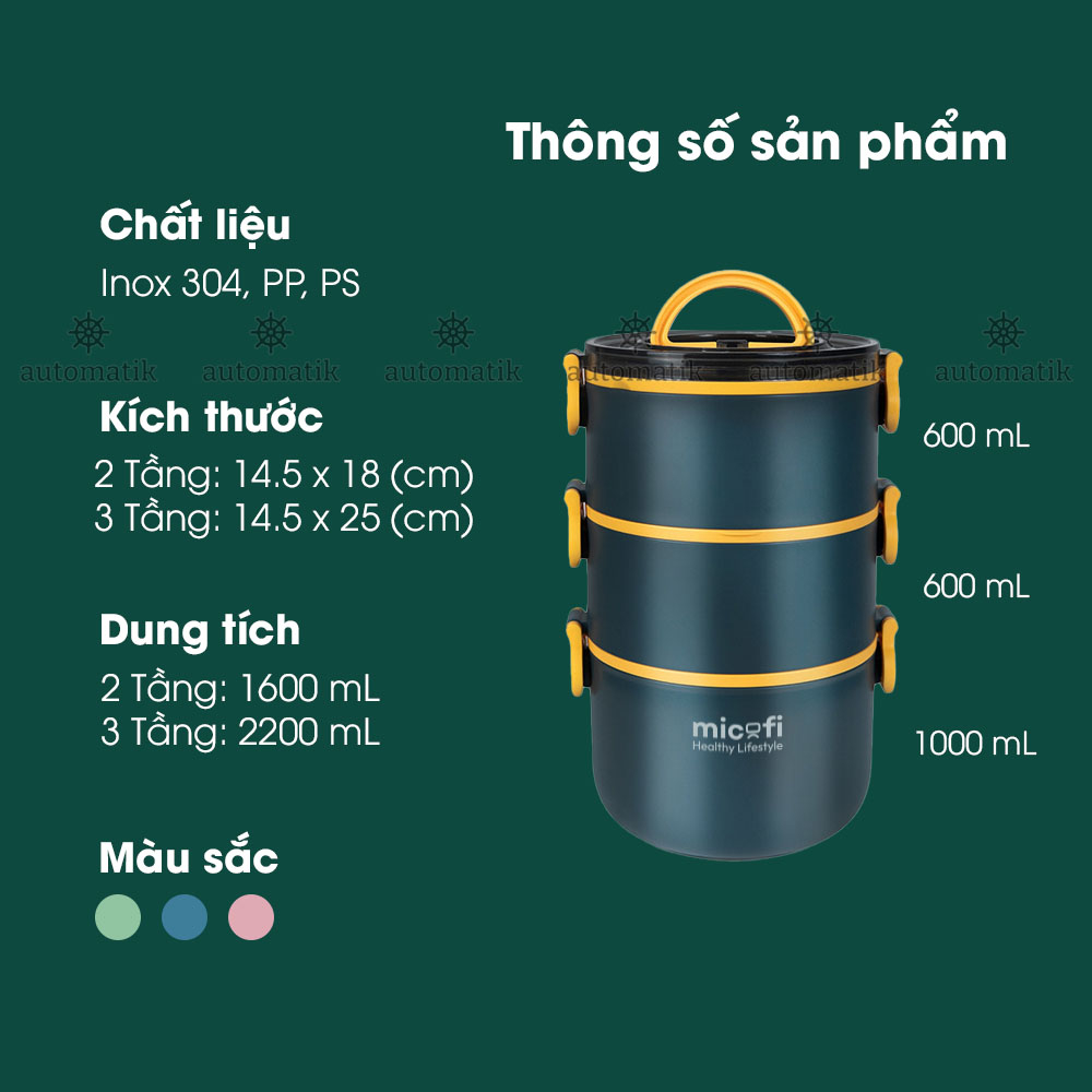 Hộp Đựng Cơm, Hộp Cơm Giữ Nhiệt Đựng Đồ Ăn Văn Phòng, Túi Đựng Cặp Lồng Inox, Cà Mên 3 Ngăn 2.2L - Automatik