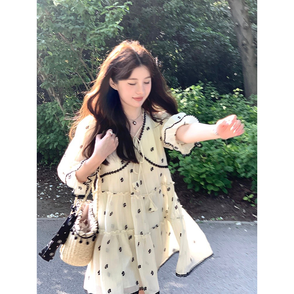 VÁY BABYDOLL HOA NHÍ VIỀN REN doubleh.clo - Đầm suông tơ đũi nhăn 2 lớp cổ V bèo tầng buộc nơ phối viền đen ulzzang QC