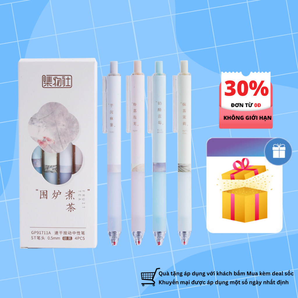 Hộp 4 chiếc bút bi mực gel cao cấp mực đen ngòi 0.5mm Fruit Tea màu pastel dễ thương GP91711A