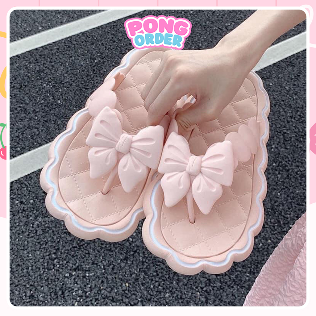 Dép cute nữ kẹp đính nơ ulzzang viền sóng, dép xỏ ngón nữ thời trang hồng đế mềm
