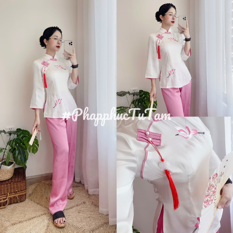 Pháp phục cổ tàu thêu hạc - Hồng -P07