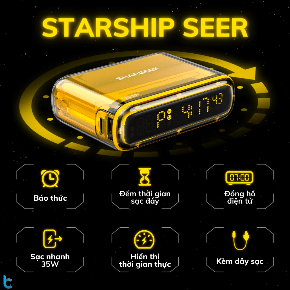 Pin Dự Phòng Shargeek Starship Seer 10.000mAh Sạc Nhanh 35W, Tích Hợp Đồng Hồ/ Báo thức - Tặng Kèm Dây Sạc