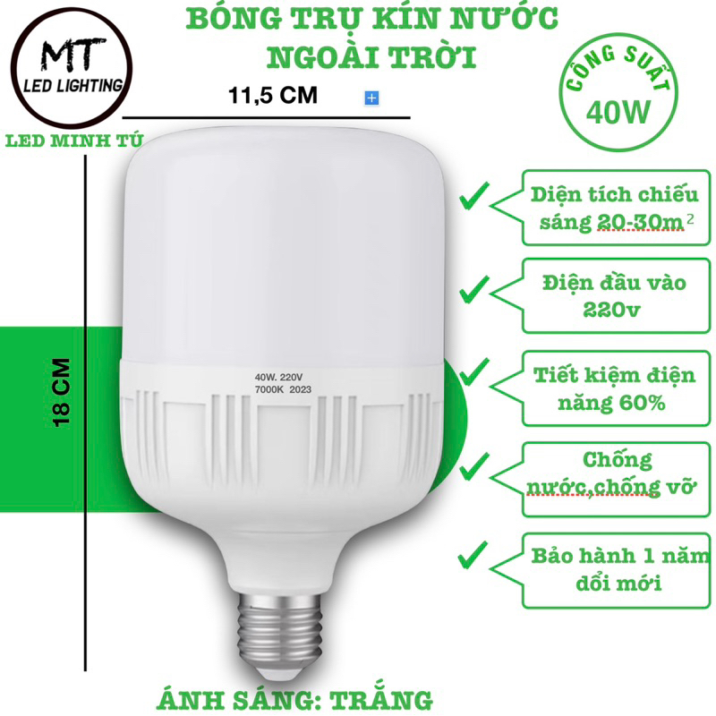 Bóng đèn LED trụ 40W ánh sáng TRẮNG siêu sáng