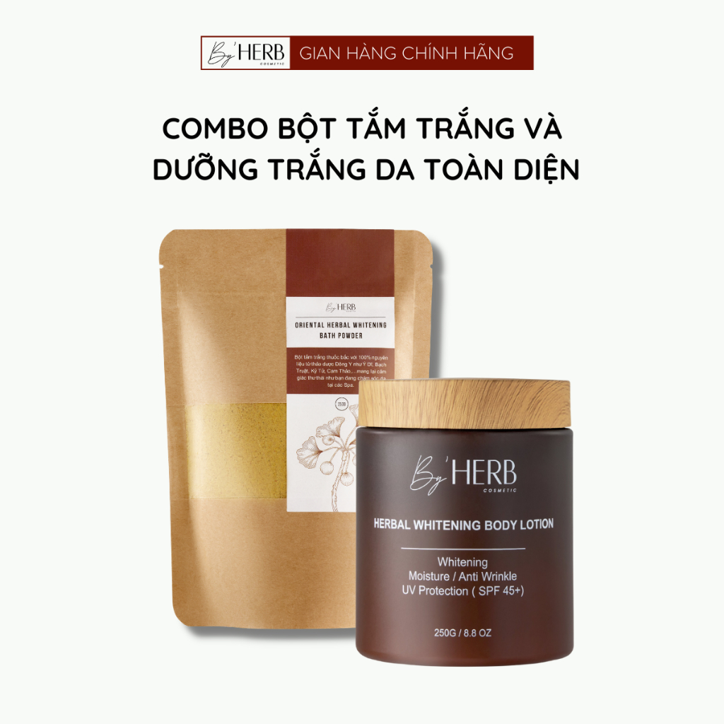 Combo Bột Tắm Trắng và Kem Dưỡng Trắng Da Herbal Whitening Body Lotion 250g By'HERB
