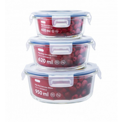 Hộp Thủy Tinh Kháng Khuẩn Tròn Nikko 400Ml - 620Ml - 950Ml Inochi