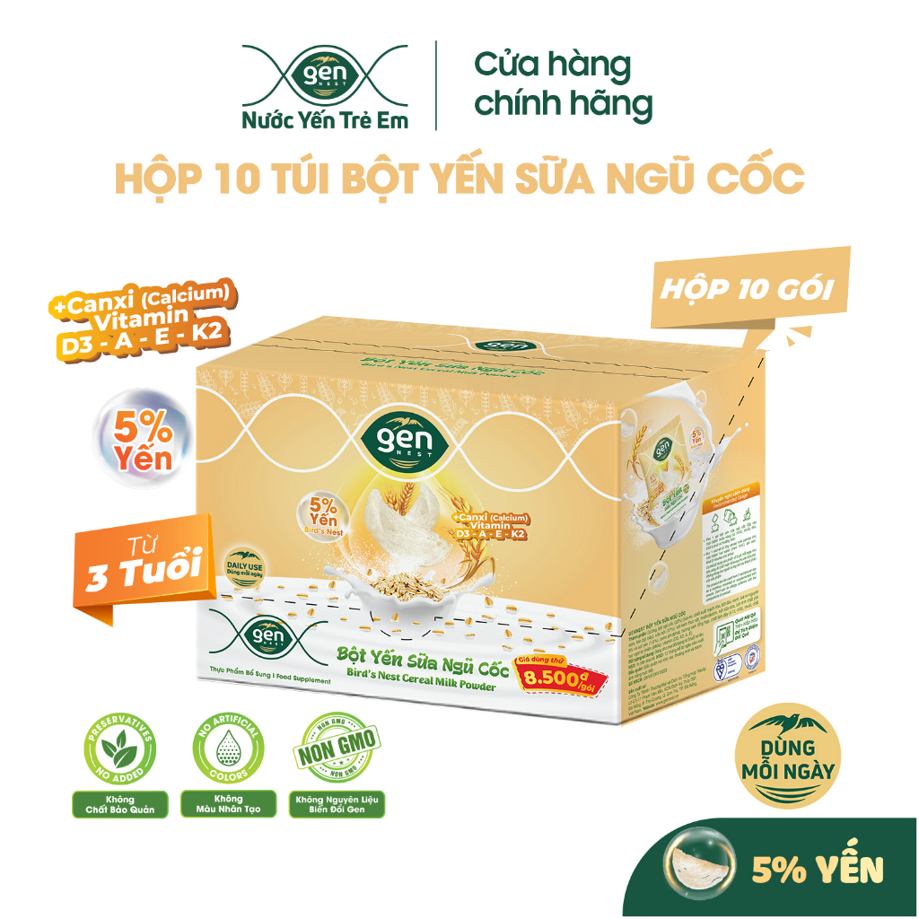 Hộp Bột Yến Sữa Ngũ Cốc Gennest (10 túi x 25g) _ Dùng cho bé từ 3 tuổi