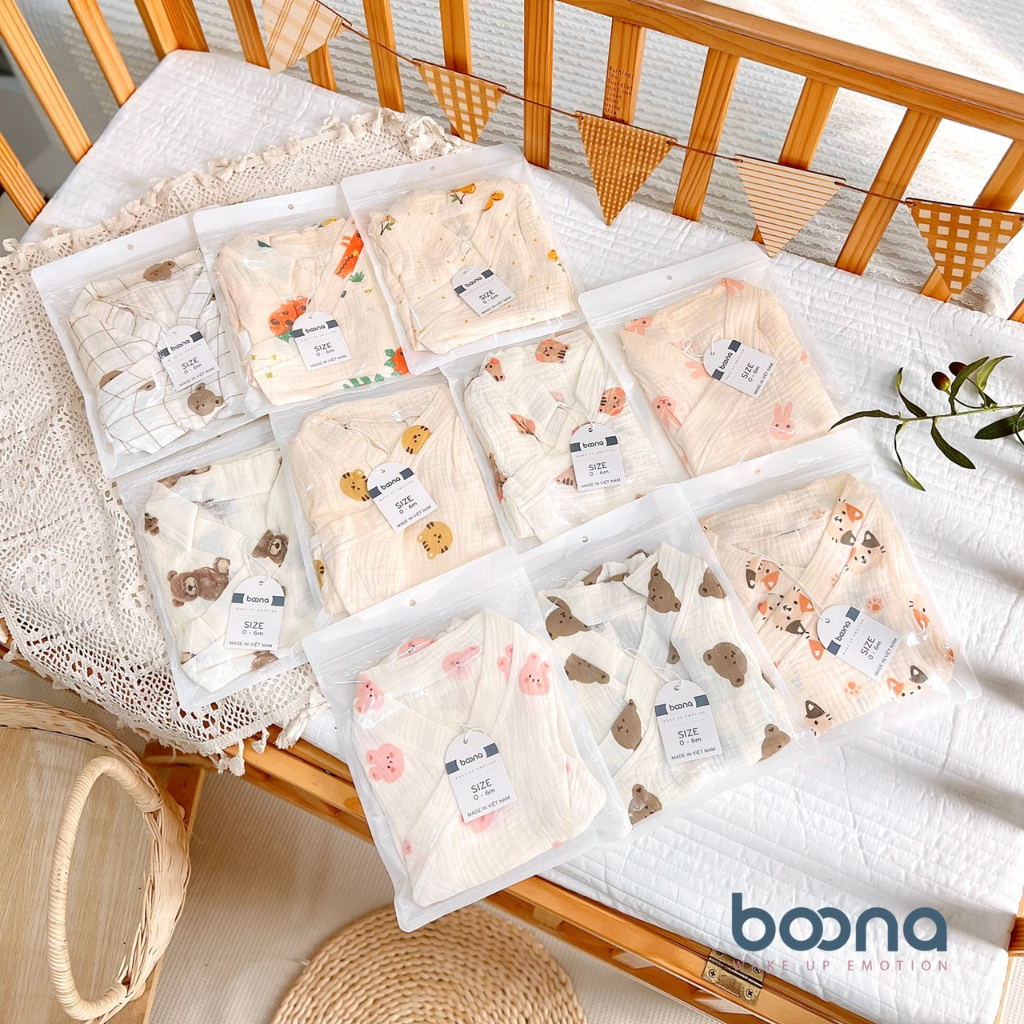Bộ Kimono cho bé Boona làm từ vải xô muslin cao cấp, siêu mềm hoạ tiết xinh xắn