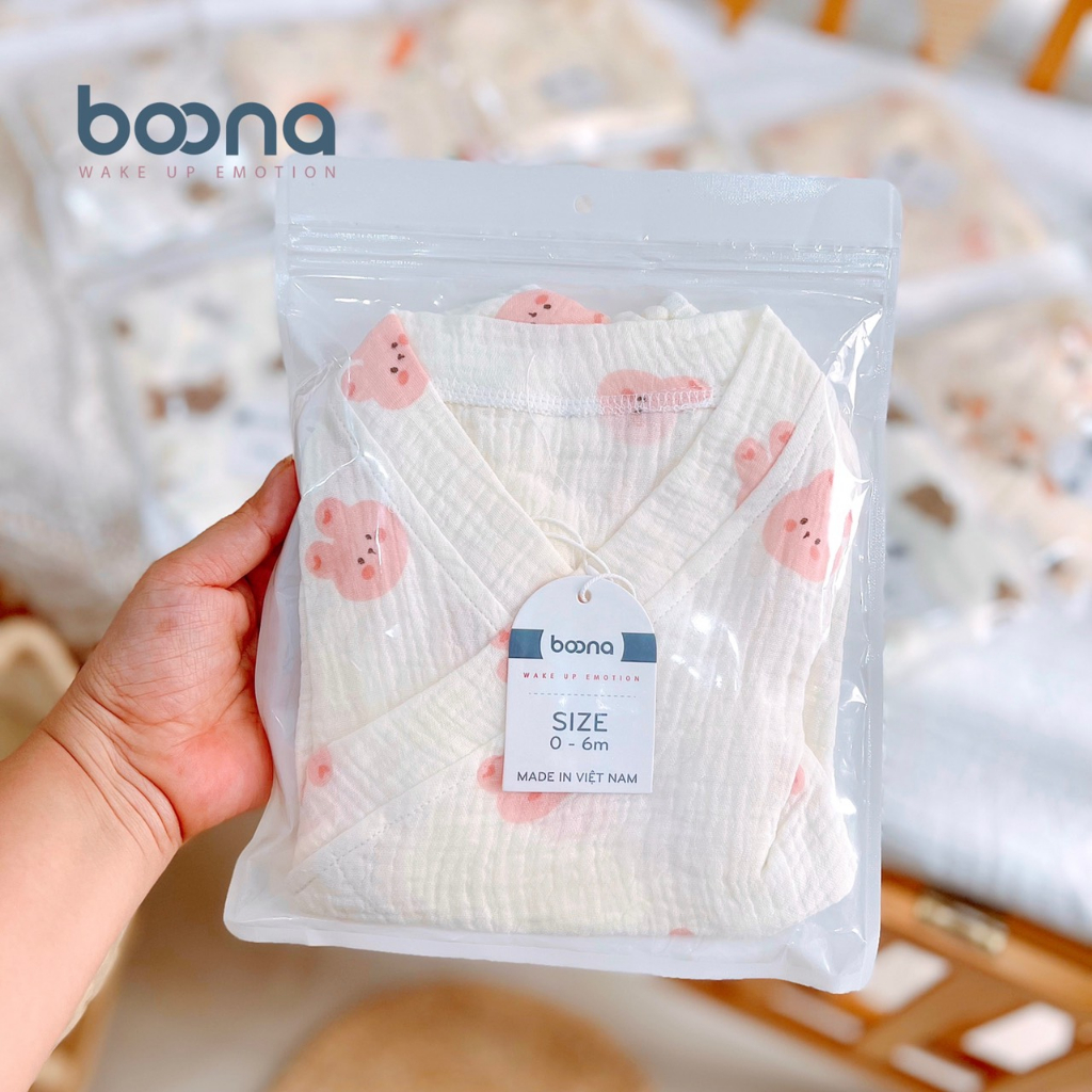 Bộ Kimono cho bé Boona làm từ vải xô muslin cao cấp, siêu mềm hoạ tiết xinh xắn