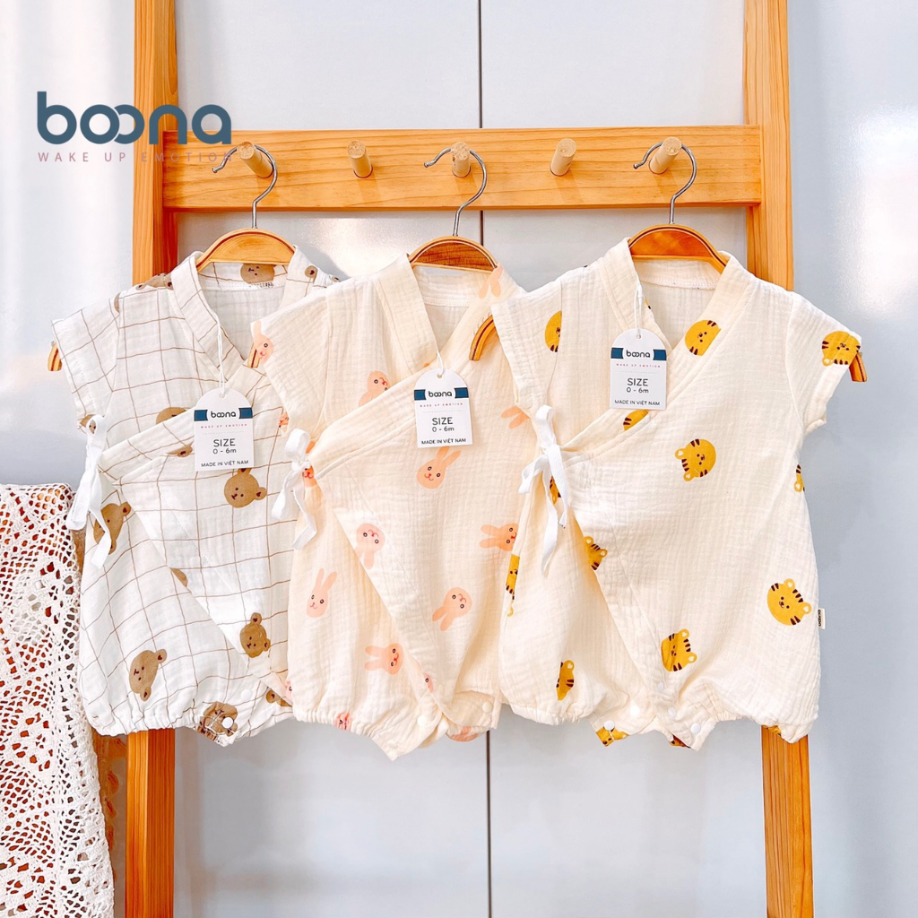 Bộ Kimono cho bé Boona làm từ vải xô muslin cao cấp, siêu mềm hoạ tiết xinh xắn