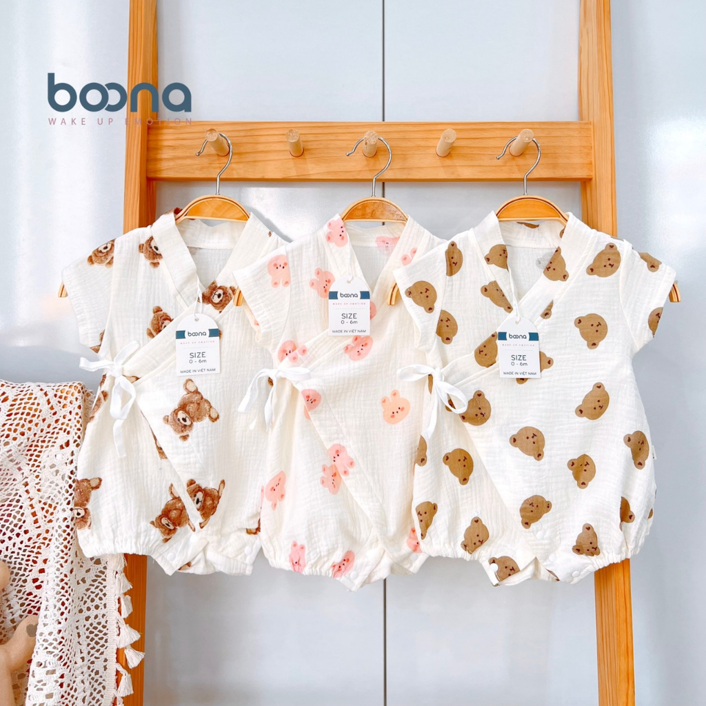 Bộ Kimono cho bé Boona làm từ vải xô muslin cao cấp, siêu mềm hoạ tiết xinh xắn
