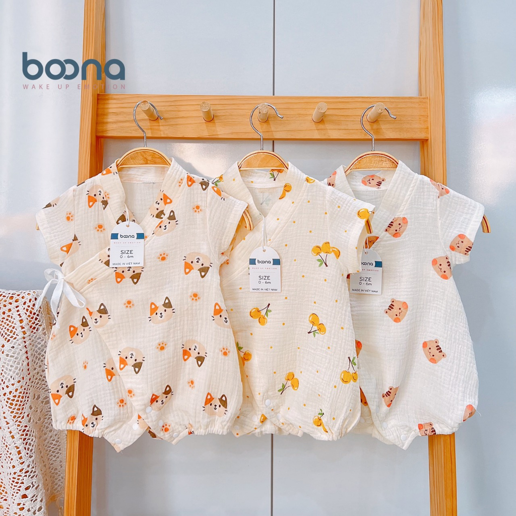 Bộ Kimono cho bé Boona làm từ vải xô muslin cao cấp, siêu mềm hoạ tiết xinh xắn