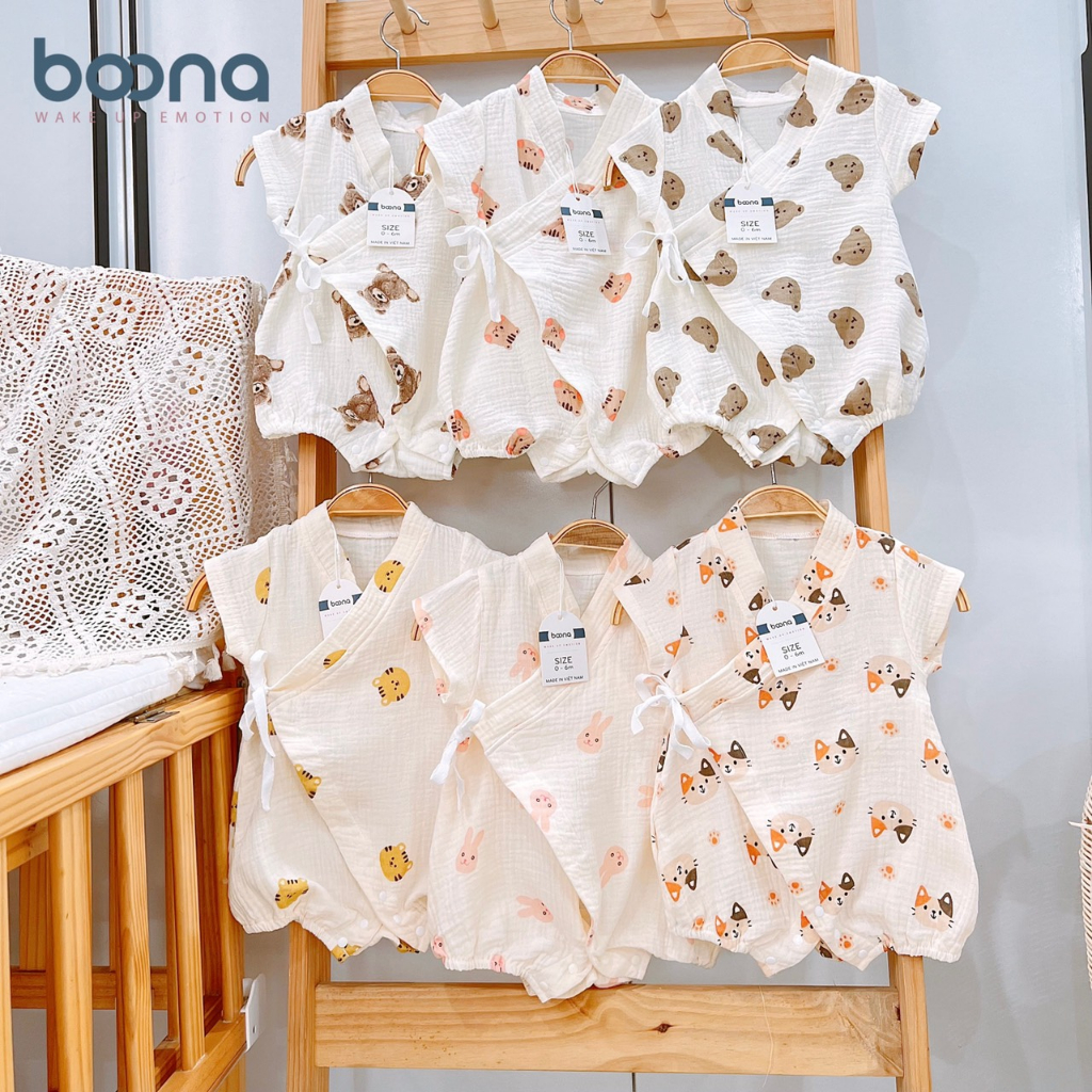Bộ Kimono cho bé Boona làm từ vải xô muslin cao cấp, siêu mềm hoạ tiết xinh xắn