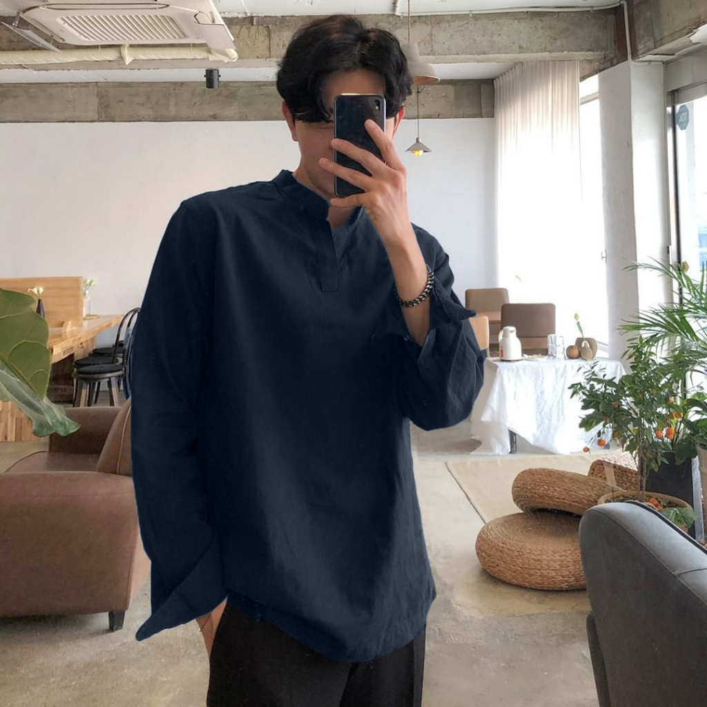 Áo sơ mi tay dài nam form rộng kiểu cổ V trụ hàn quốc, chất vải linen cao cấp,trẻ trung, thanh lịch, chống nhăn - SEOUL