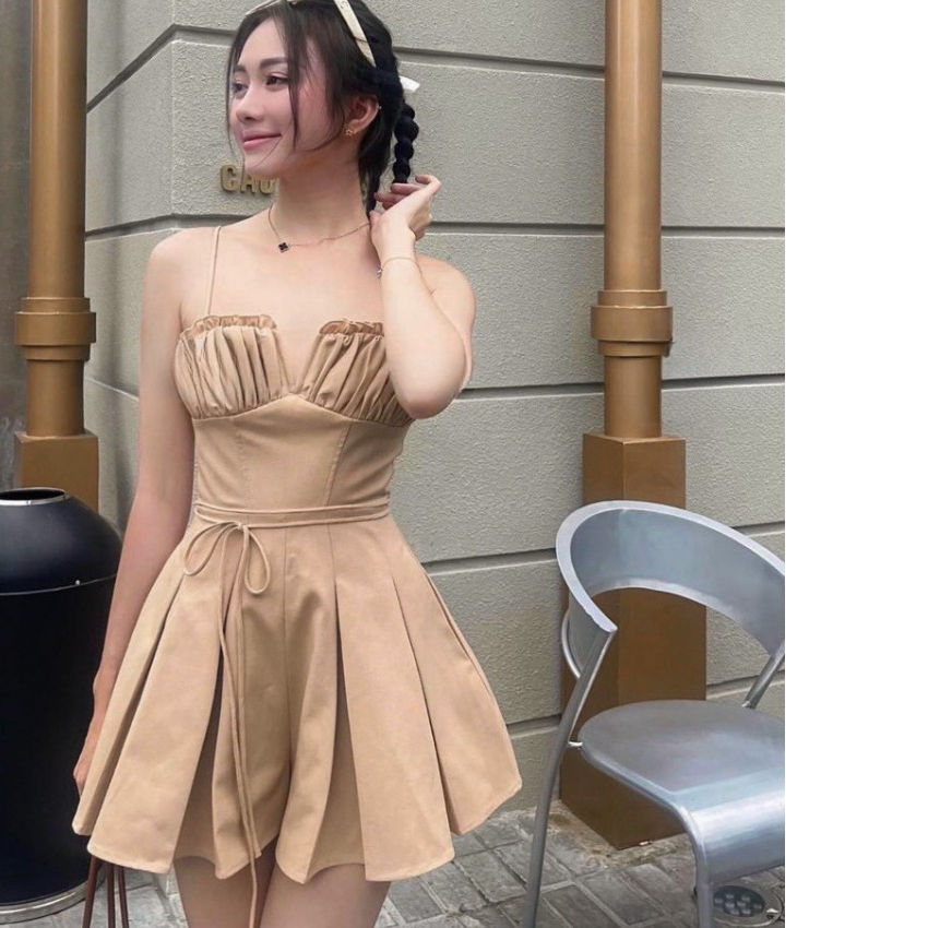 Jum đùi nữ loại 1 thiết kế hai dây xếp li ngực cột eo tiểu thư, xinh xắn dành cho các nàng diện đi chơi siêu xinh