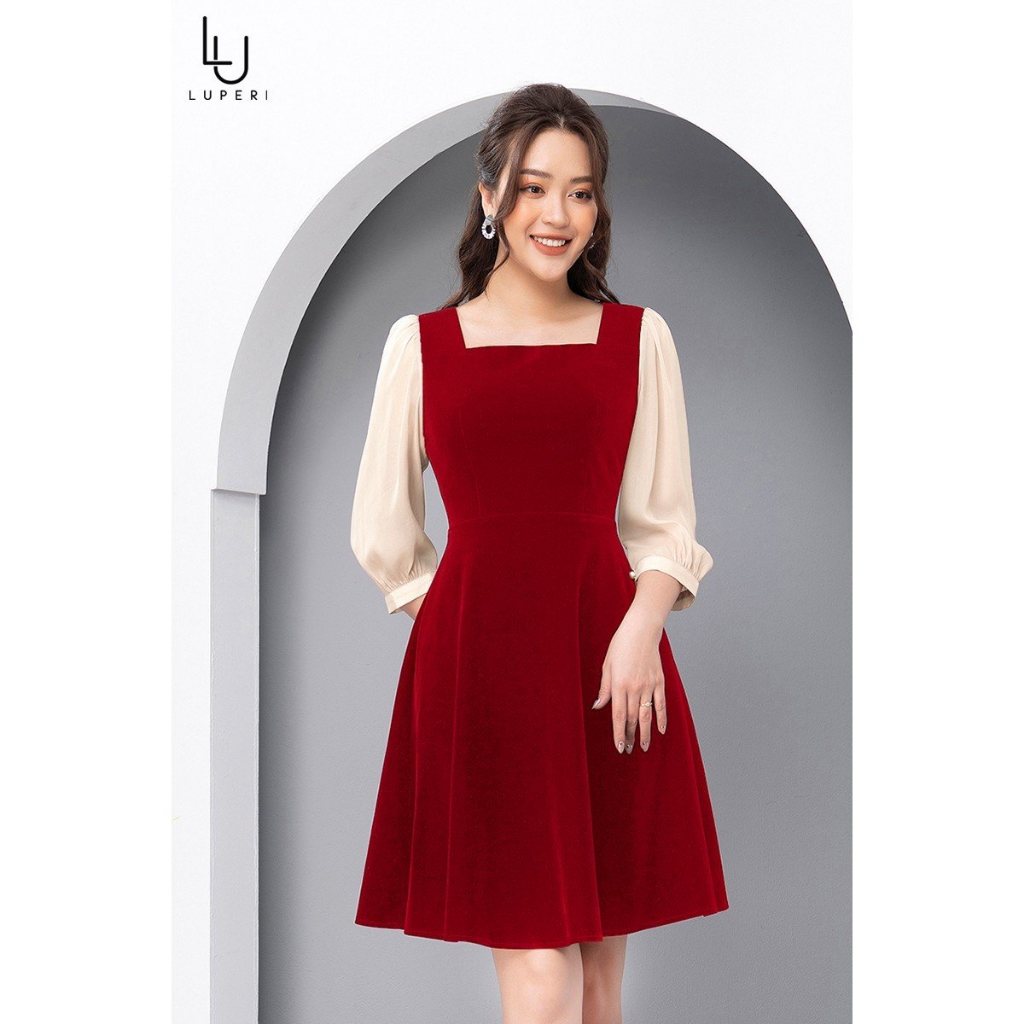 Đầm Nhung Trơn Luperi LFV3241 Thiết Kế Cổ Vuông Phối Tay Voan Sang Trọng Phù Hợp Cho Nàng Đi Làm Đi Chơi Dự Tiệc