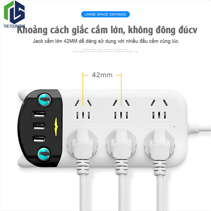 Ổ cắm thông minh đục lỗ hình mèo đen trắng với sạc USB và công tắc an toàn phù hợp với văn phòng tại nhà 2,8m