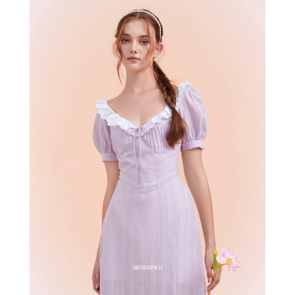 Đầm dáng dài vải xô thêu phối ren bèo viền cổ Naila Dress - MIDSUMMER