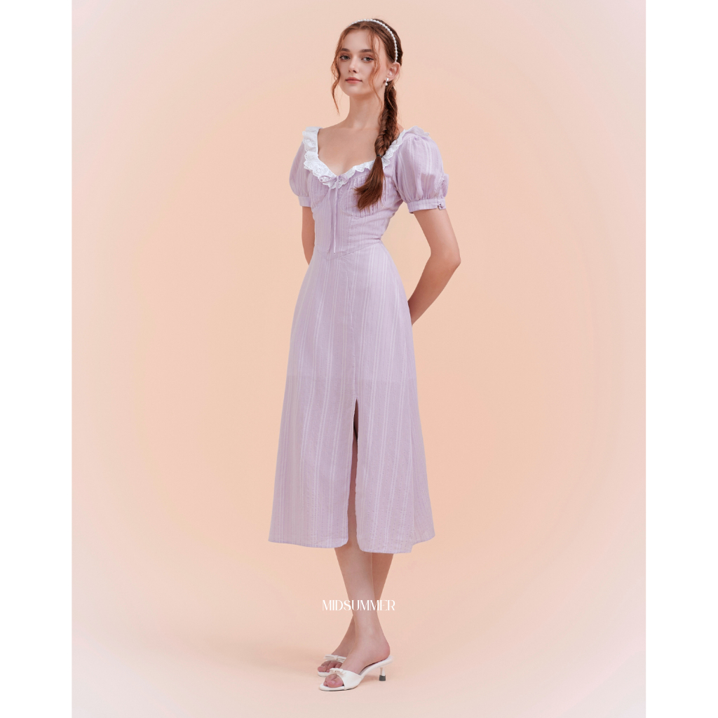Đầm dáng dài vải xô thêu phối ren bèo viền cổ Naila Dress - MIDSUMMER