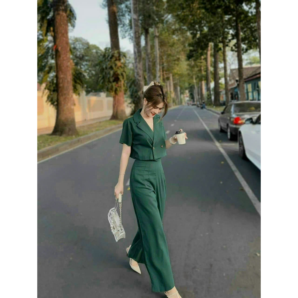 Set Bộ Thời Trang Nữ Đi Chơi Chất Cotton Lạnh Cổ Vest Đính Nút Tay Ngắn Quần Dài Lưng Thun 2 Túi Ống Đứng Maxi