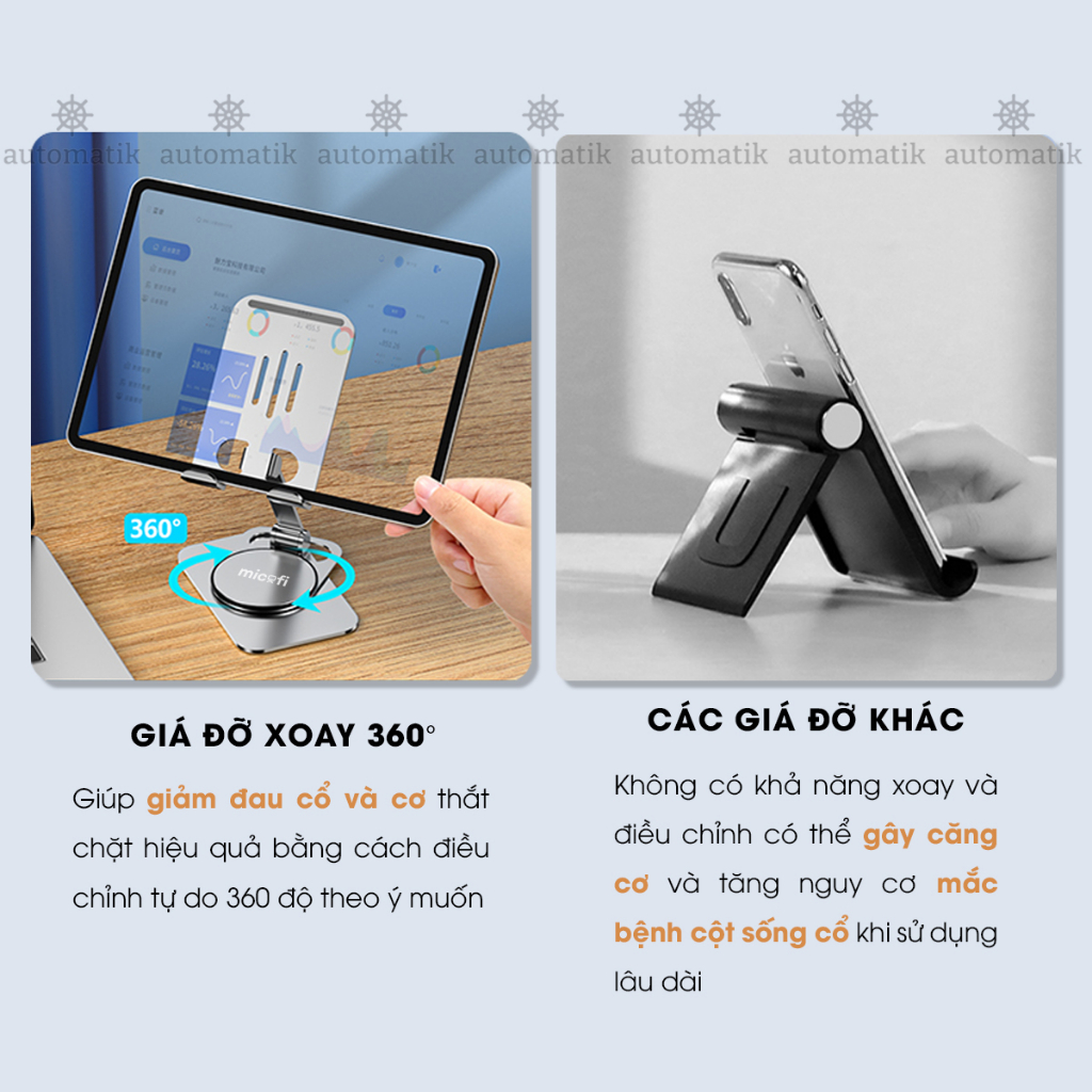 Giá Đỡ Điện Thoại Máy Tính Bảng Ipad Xoay 360 Gấp Gọn Nhôm, Kệ Điện Thoại Để Bàn Livestream Xem Phim - Automatik