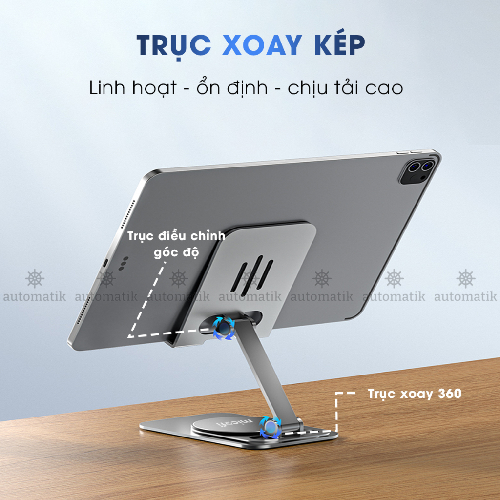 Giá Đỡ Điện Thoại Máy Tính Bảng Ipad Xoay 360 Gấp Gọn Nhôm, Kệ Điện Thoại Để Bàn Livestream Xem Phim - Automatik