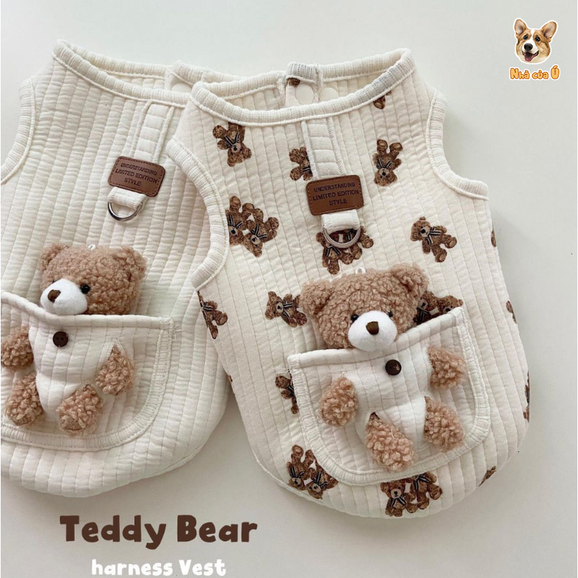 Áo Khoác Mùa Đông giữ ấmCho Chó mèo Nhà của Ú hình gấu Teddy có quai xích phong cách Hàn
