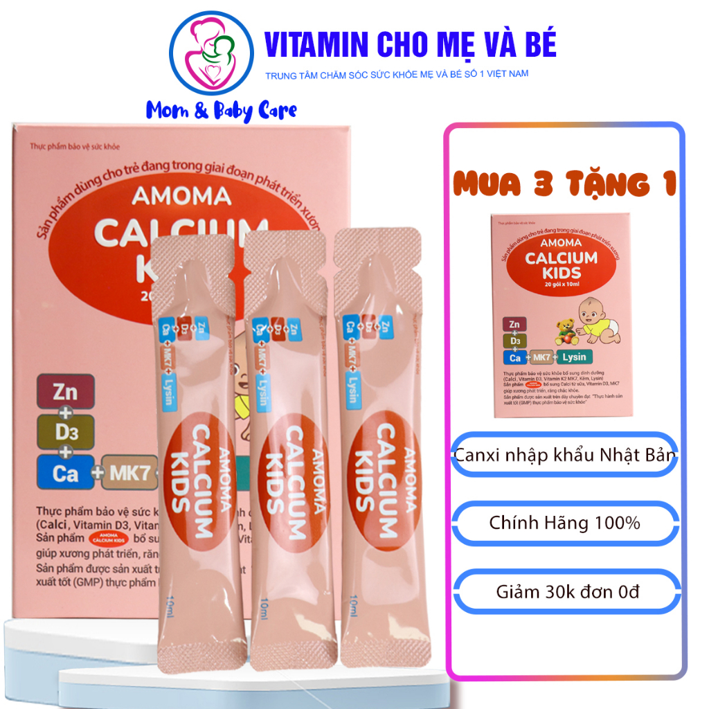Canxi Amoma CalciumKids hộp 20 gói - Bổ sung Canxi, Vitamin D3 K2 MK7, giúp trẻ tăng chiều cao, chắc xương