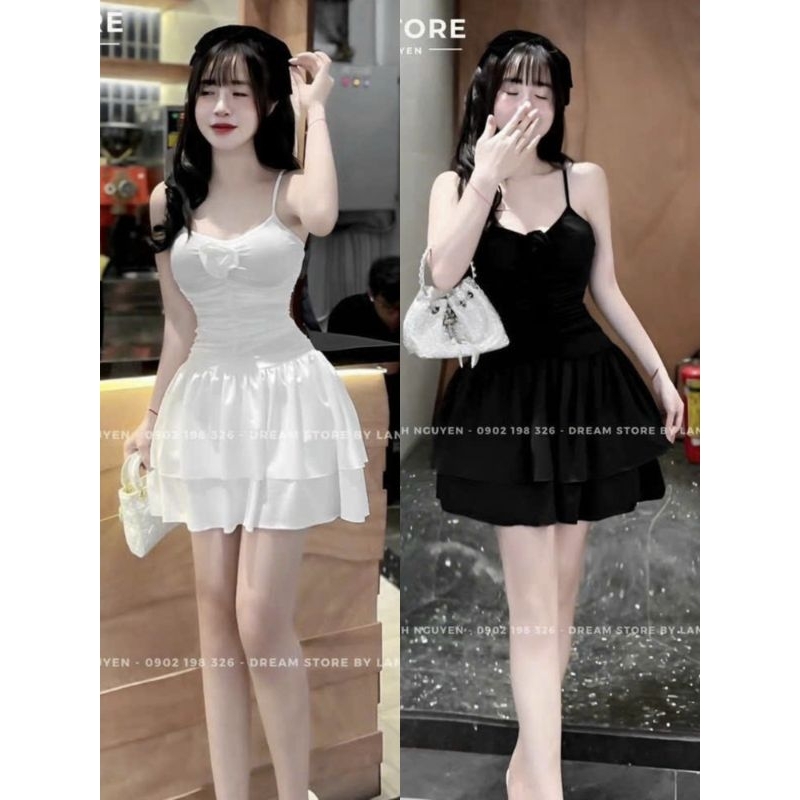 Đầm Hai Dây Cổ Vuông Đính Hoa Ngực - Thun Lụa Dẻo Có Mút - Ngắn Nhún Eo Xòe Bèo Tầng Ôm Body Sexy - Tiểu Thư Bánh Bèo