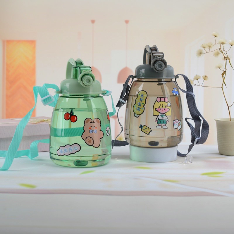 Bình Đựng Nước Cute Bụng Bự Dung Tích 1300ml Có Ống Hút Kèm Dây Đeo Cực Tiện Lợi Xinh Xắn Dễ Thương Tặng Kèm Sticker