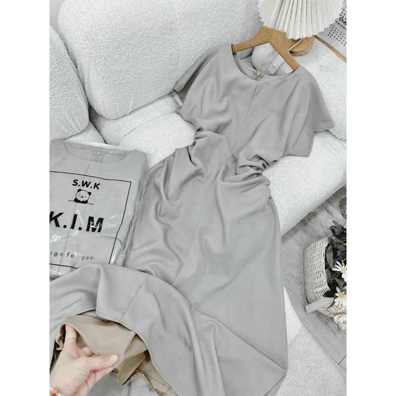 Đầm xám tay con cổ tròn nhíu eo dáng midi xoè
